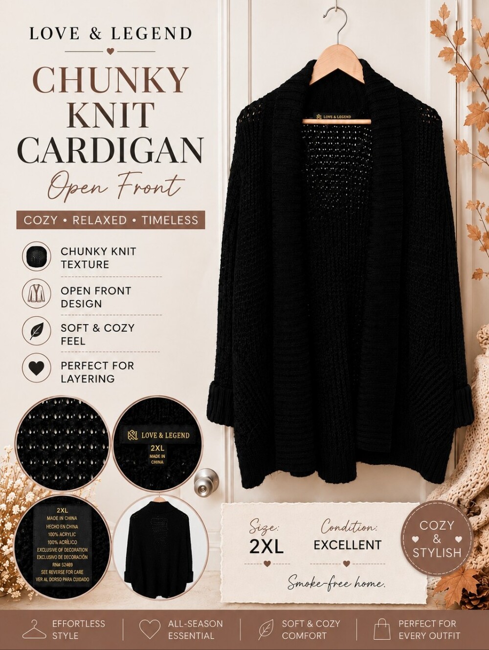 Black Open-Front Shawl Collar Women's Sweater Cardigan 2X